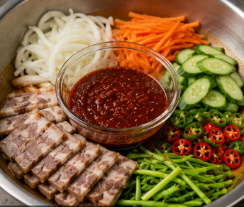 커다란 볼 한쪽에 숙성된 매콤 소스가 담겨 있고 그 주변으로 정갈하게 썬 채소들
