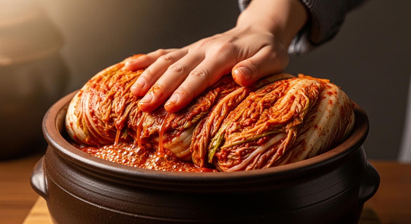 갓 담근 김장 김치를 전통 옹기에 정성스럽게 담아 보관하는 모습.