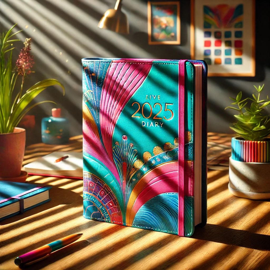 역동적이고 창의적인 작업 공간 분위기를 배경으로 한 생동감 넘치는 멀티 컬러 가죽 커버가 있는 2025년 다이어리 이미지