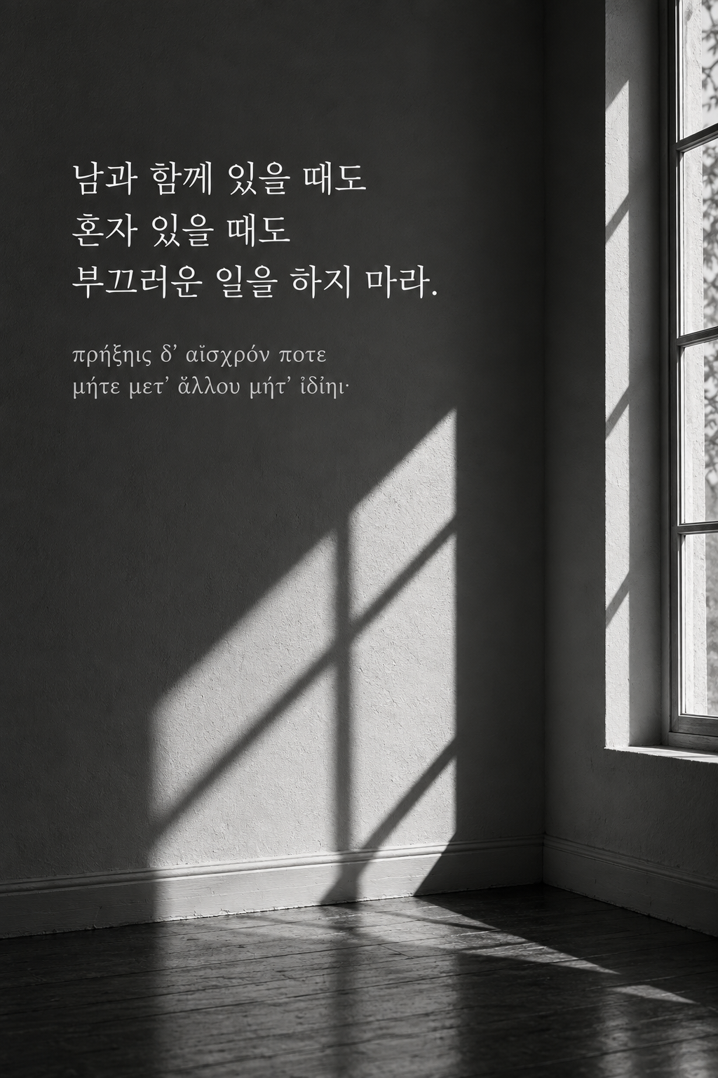 남과 함께 있을 때도 혼자 있을 때도 부끄러운 일을 하지 마라. 빈 방 벽에 드리운 창문 그림자 배경에 한국어와 그리스어 원문을 담은 피타고라스 학파 명언 이미지