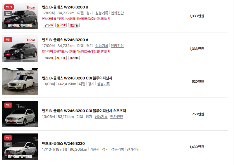 벤츠 b 클래스 중고차 가격 시세표 유지비