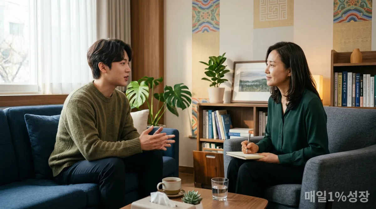 전문가와 인지 행동 치료 상담을 받는 한국인의 모습