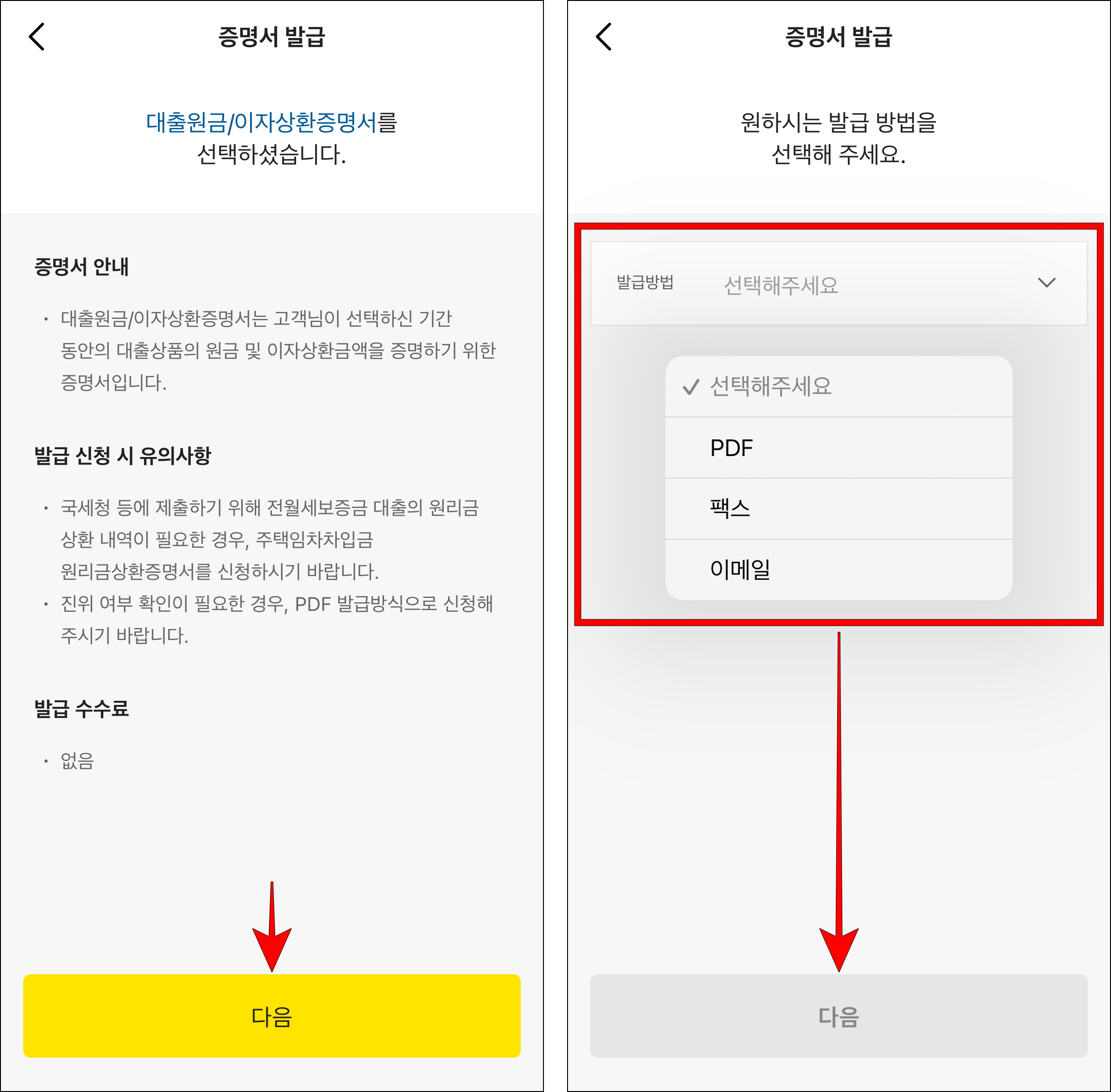 증명서 발급 안내를 확인하고 다음을 선택한 후 발급 방법을 선택하고 다음을 선택