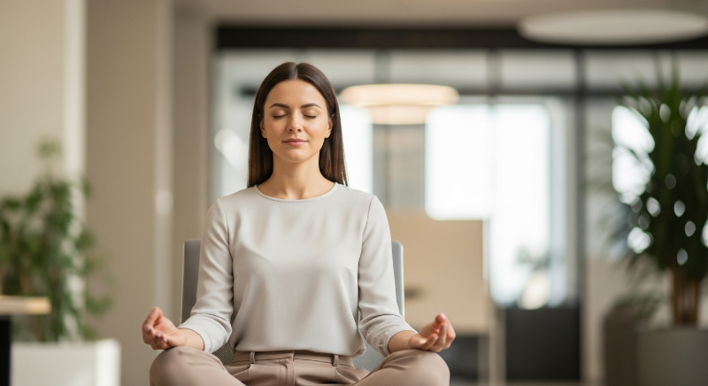 사무실 의자에 앉아 눈을 감고 편안하게 명상하는 30대 여성 직장인의 차분한 모습.