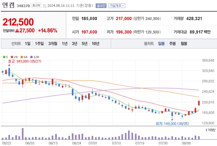 엔켐 주가 (8월)