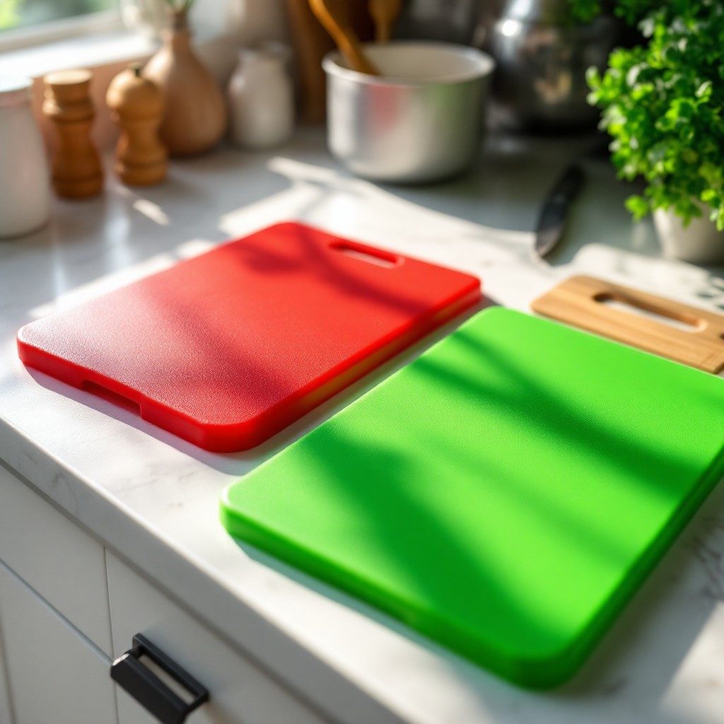 식중독 예방을 위해 육류와 채소용으로 색깔을 달리하여 교차 오염을 방지하는 도마 분리법