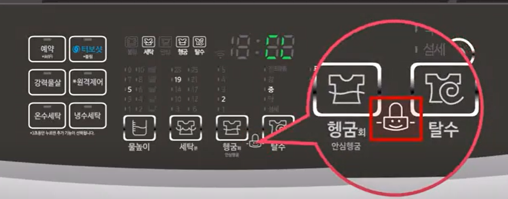헹굼과 탈수 버튼 사이에 자물쇠 그림이 있는 경우 문잠김 해제방법
