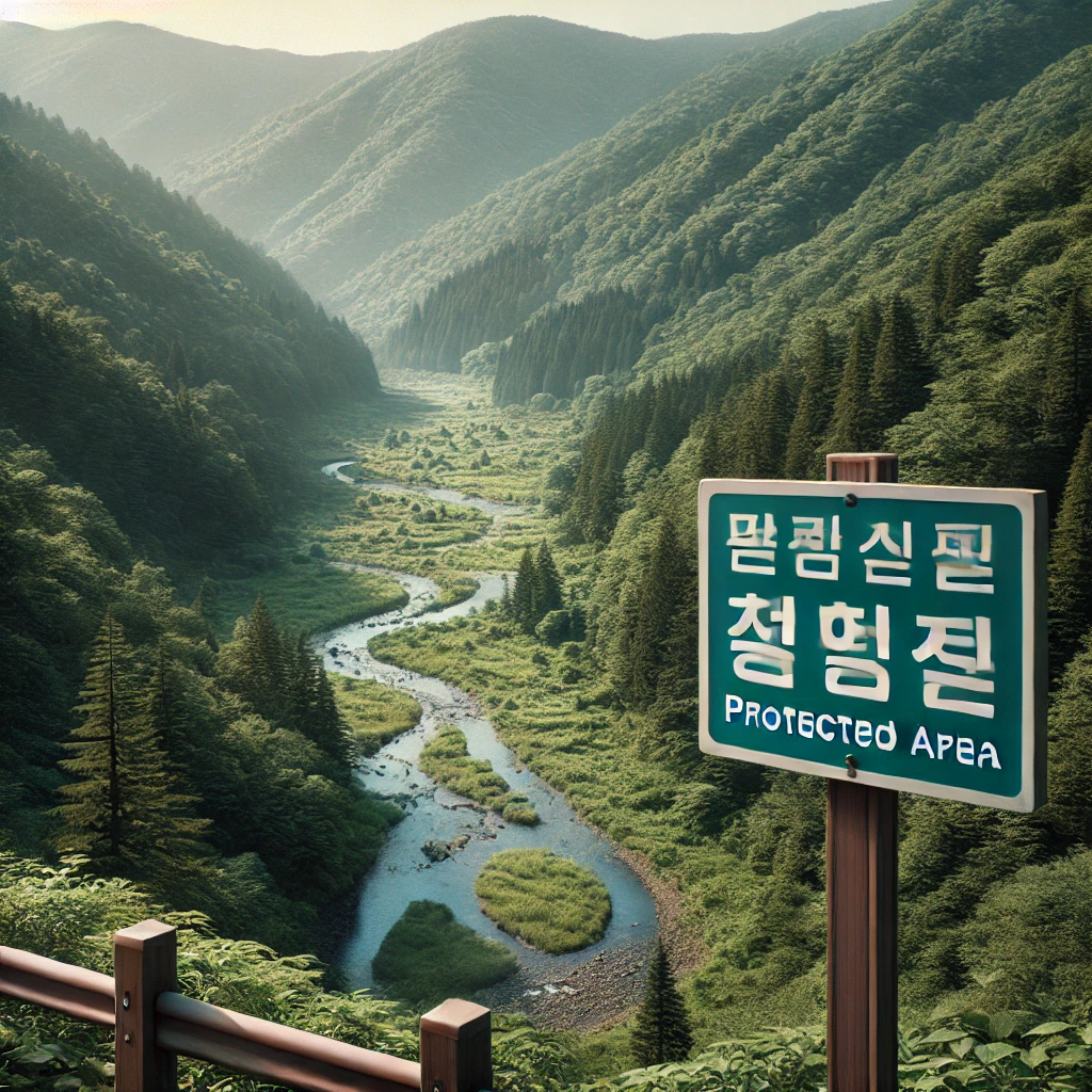 보호구역 표지판이 있는 한국 자연환경 보호 지역