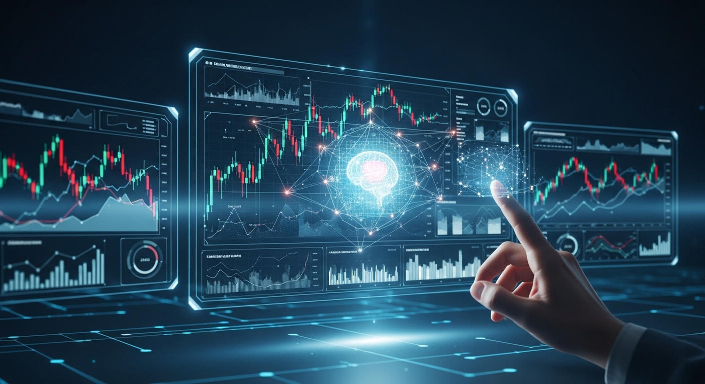 미래 지향적인 AI 주식 분석 인터페이스가 여러 스크린에 표시되어 있으며, 복잡한 차트와 데이터 시각화가 돋보입니다. 중앙에는 빛나는 AI 코어가 있고, 사람의 손이 홀로그램 스크린을 만지고 있습니다. AI와 인간의 협력을 상징하며, 미래 투자 환경을 나타냅니다.