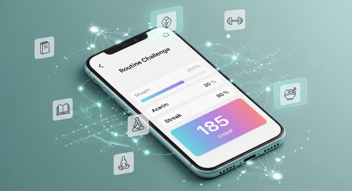 스마트폰 화면에 '루틴 챌린지' 앱이 켜져 있고, AI가 개인화된 습관 형성 피드백을 제공하는 모습을 시각적으로 표현한 이미지. 다양한 습관 아이콘과 데이터 시각화가 어우러져 효율적인 자기계발을 상징합니다.