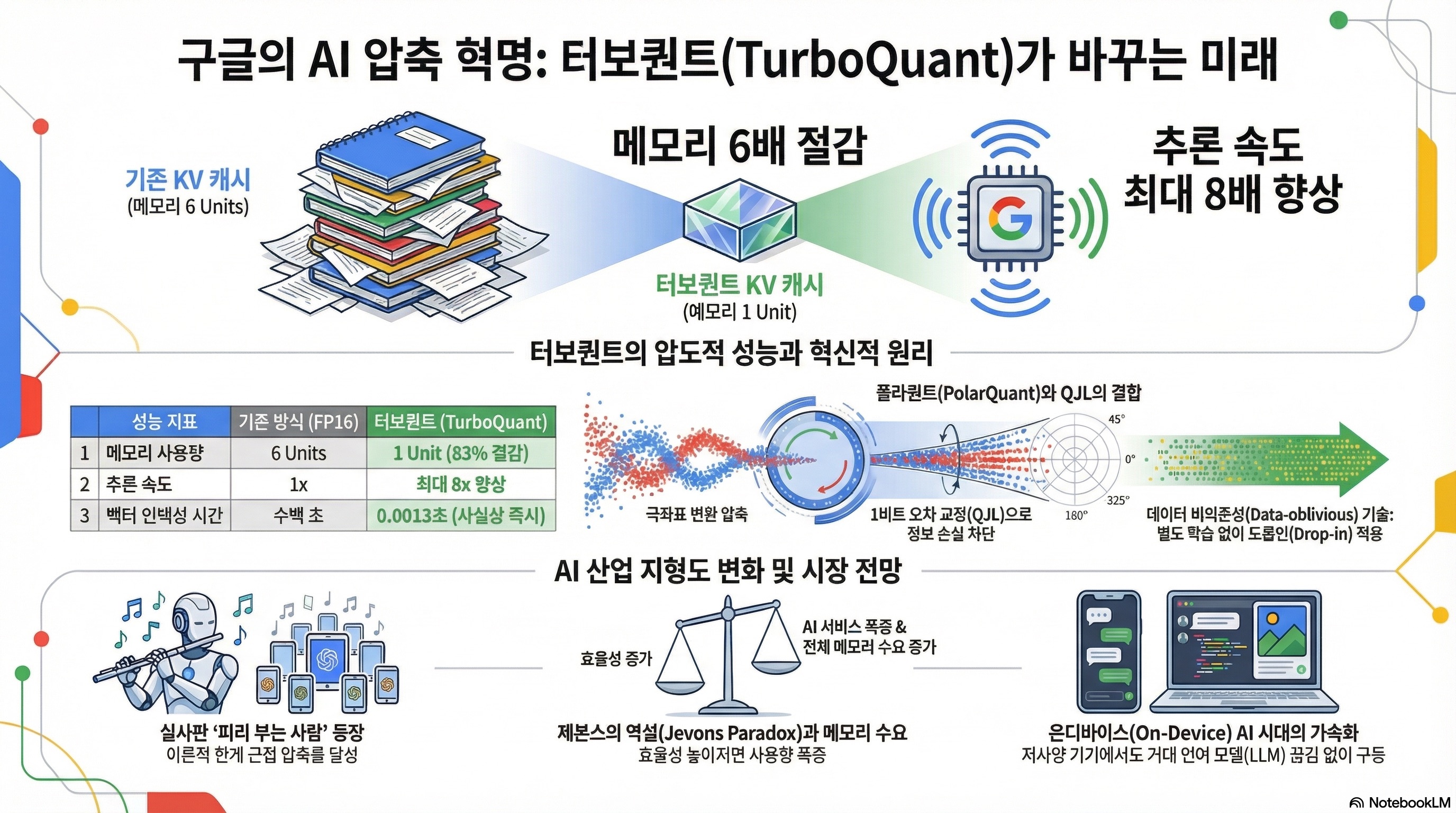 구글의 AI 압축 기술인 '터보퀀트(TurboQuant)'의 원리와 시장 전망을 정리한 인포그래픽. 기존 FP16 방식 대비 메모리 사용량을 6분의 1로 절감(83% 감소)하고 추론 속도를 최대 8배 향상시키는 성능 지표를 보여줌. 폴라퀀트와 QJL 결합을 통한 극좌표 변환 압축 원리와 제본스의 역설을 통한 메모리 수요 증가 전망, 온디바이스 AI 시대 가속화 내용을 포함함.