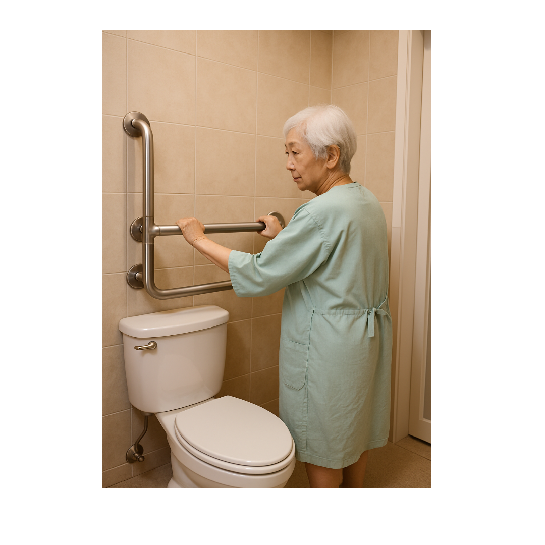 화장실 벽에 튼튼하게 설치된 금속 안전 손잡이 모습