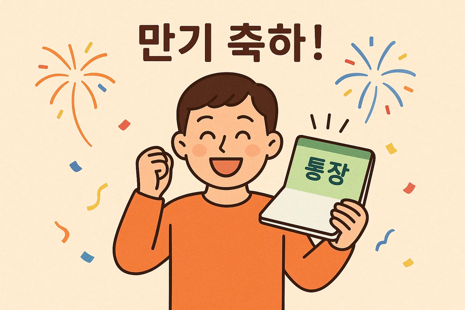 '만기 축하!' 문구와 함께 통장을 들고 환하게 웃는 남성 캐릭터와 폭죽, 색종이 일러스트