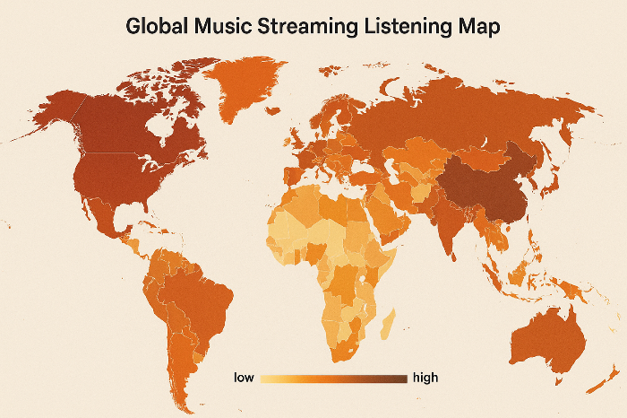 국가별 음악 소비 비중을 표시한 세계 지도 기반 데이터 이미지