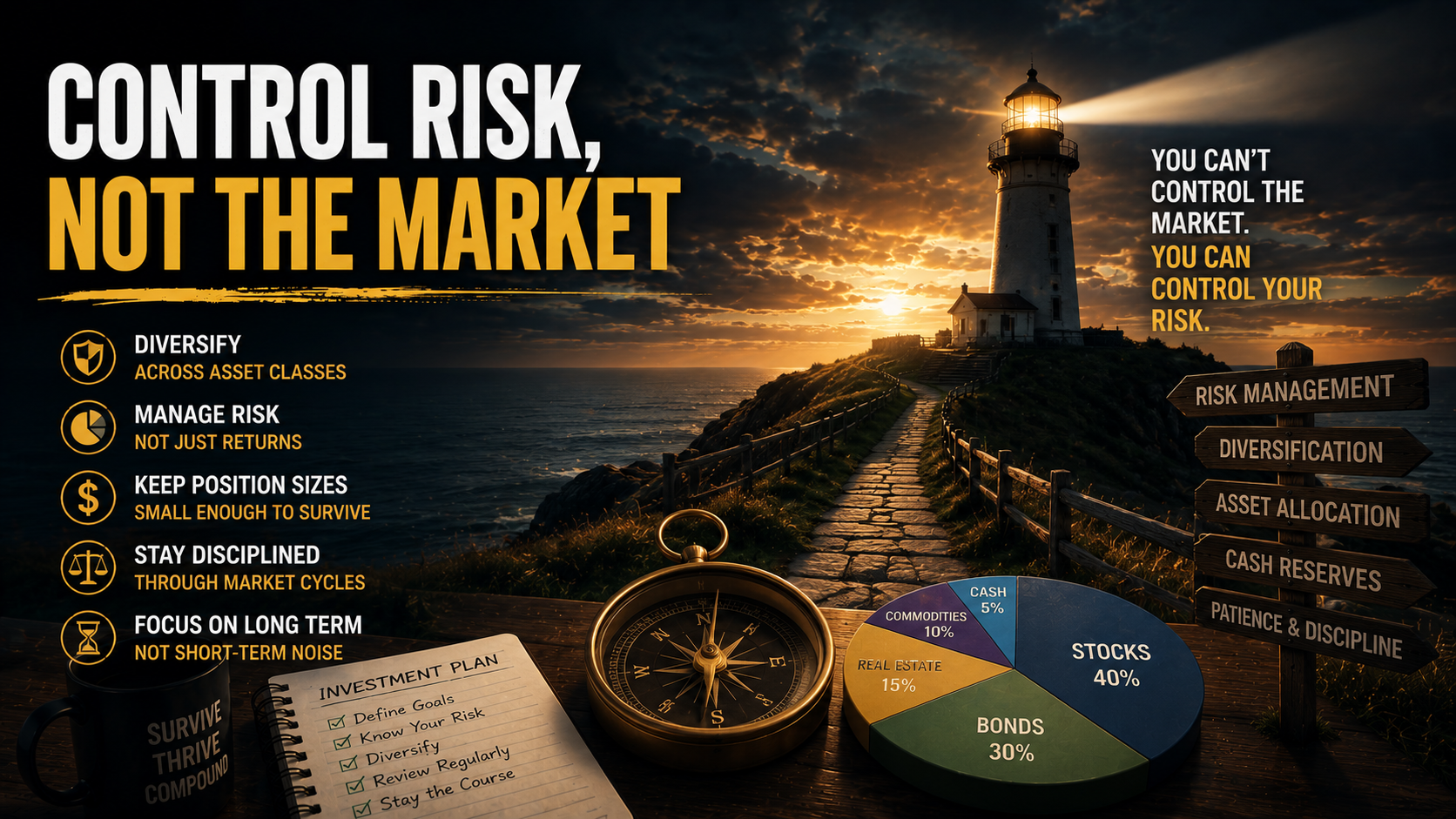 `Long term investing focused on risk management diversification and controlling risk instead of the market`