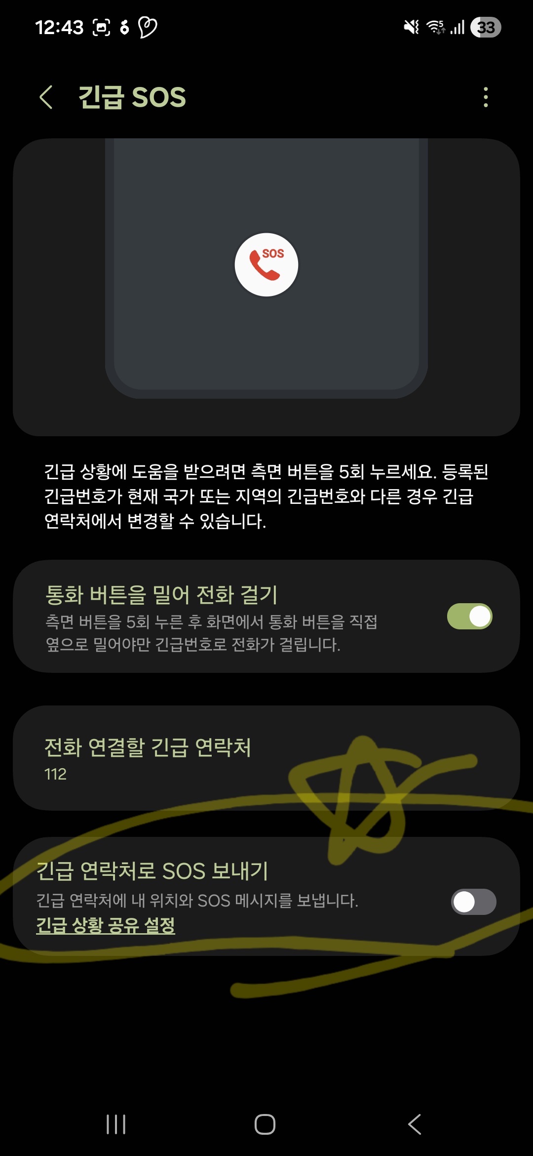 스마트폰 측면 전원 버튼을 연속으로 5번 눌렀을 때 119 자동 신고 및 보호자 긴급 연락처로 현재 위치 지도를 전송하는 긴급 SOS 활성화 화면