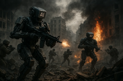 AI(인공지능)로봇과 인간의 전쟁을 묘사한 사진