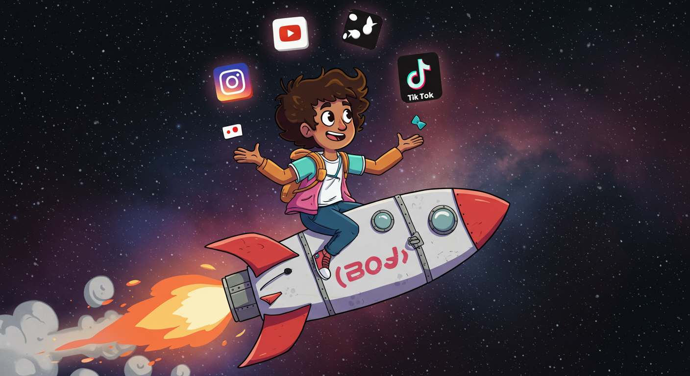 A playful cartoon of a young creator juggling Instagram, YouTube, and TikTok icons while riding a rocket, 인스타그램, 유튜브, 틱톡 아이콘을 저글링하며 ‘성장’이라고 적힌 로켓을 타고 있는 젊은 크리에이터의 귀여운 일러스트 — SNS 알고리즘, MZ세대 성공 전략