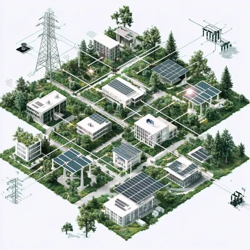복잡한 스마트 그리드 네트워크가 재생 가능 에너지원과 도시 인프라 간의 상호 연결된 경로를 통해 에너지 분배 최적화를 돕는 모습입니다.