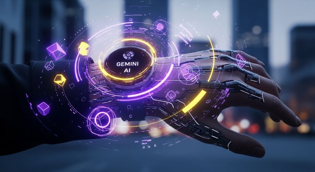 손목에 착용된 갤럭시 워치8이 제미니 AI 인터페이스를 보여주는 모습. AI 비서 기능으로 이메일 요약, 일정, 건강 데이터가 표시되어 스마트한 일상을 암시합니다.