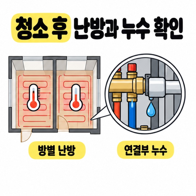 두 방의 난방관과 온도계, 분배기 연결부의 물방울 확대 그림으로 청소 후 방별 난방과 연결부 누수 확인을 안내한 도식