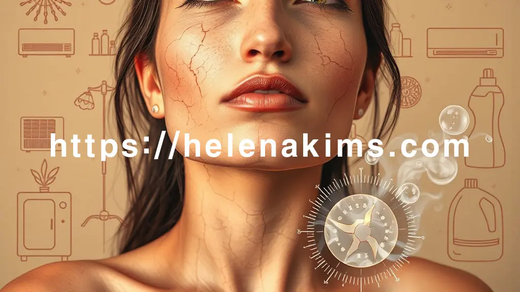 건조하고 갈라진 피부 그 주변에 수증기가 증발하는 모습. 배경에는 건조한 실내 환경을 상징하는 히터/에어컨 아이콘, 자극적인 세제 병들의 아이콘 이미지.