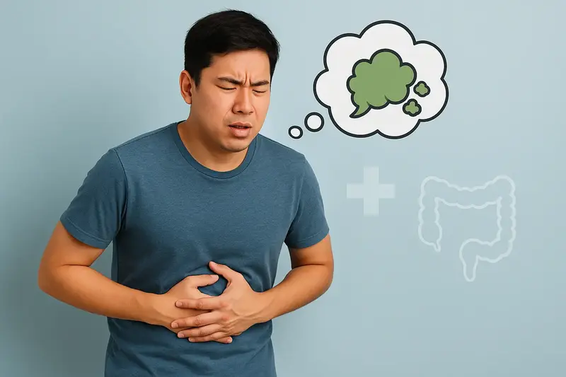 복부를 움켜쥐고 방귀를 고민하는 젊은 남성, 가스 생성과 장 건강 문제를 시사하는 이미지