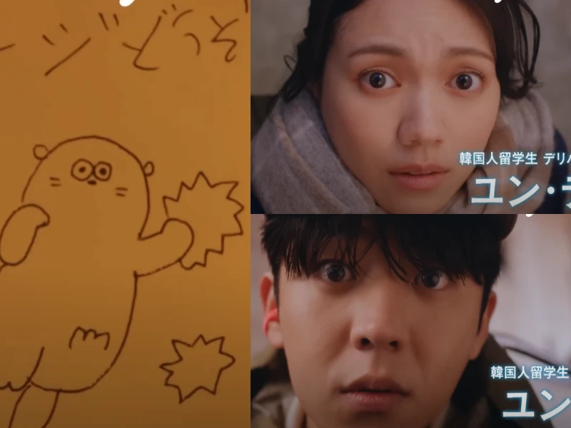 아이 러브 유에서 서로 놀라는 두 남녀 주인공과 포스티잇에 그려진 해달 캐릭터