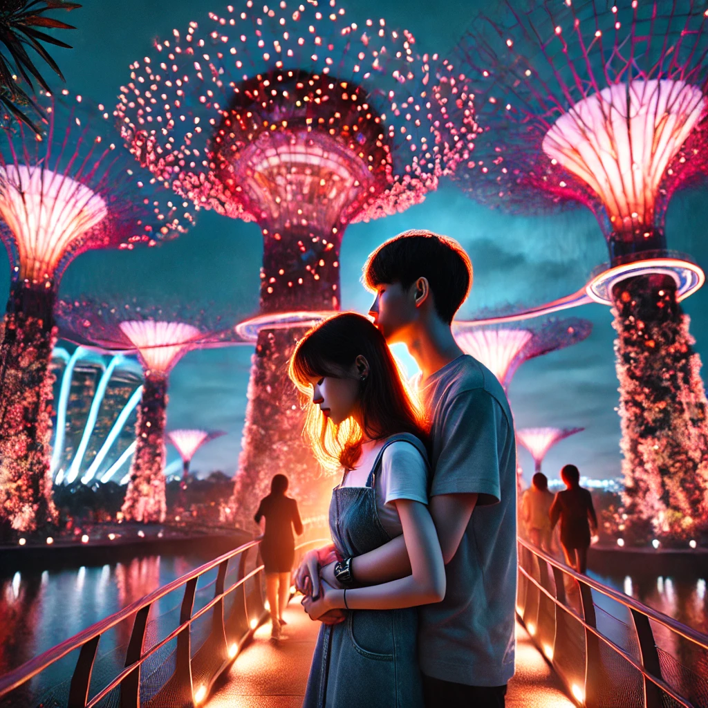 슈퍼트리 쇼를 배경으로 손잡고 걷는 커플, 슈퍼트리 아래서 껴안고 있는 모습