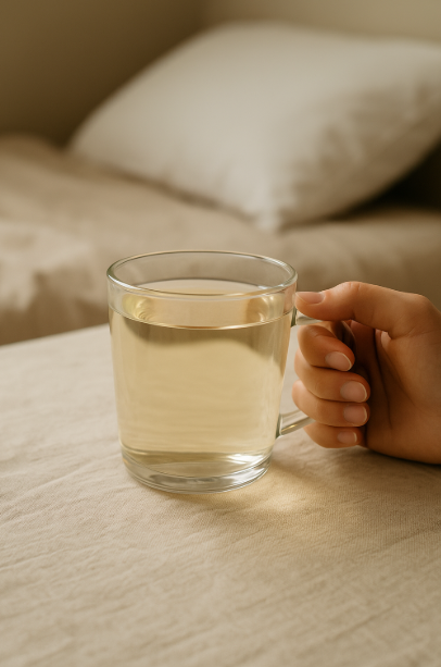 아침 공복에 마시는 따뜻한 물이 담긴 유리 머그잔 사진