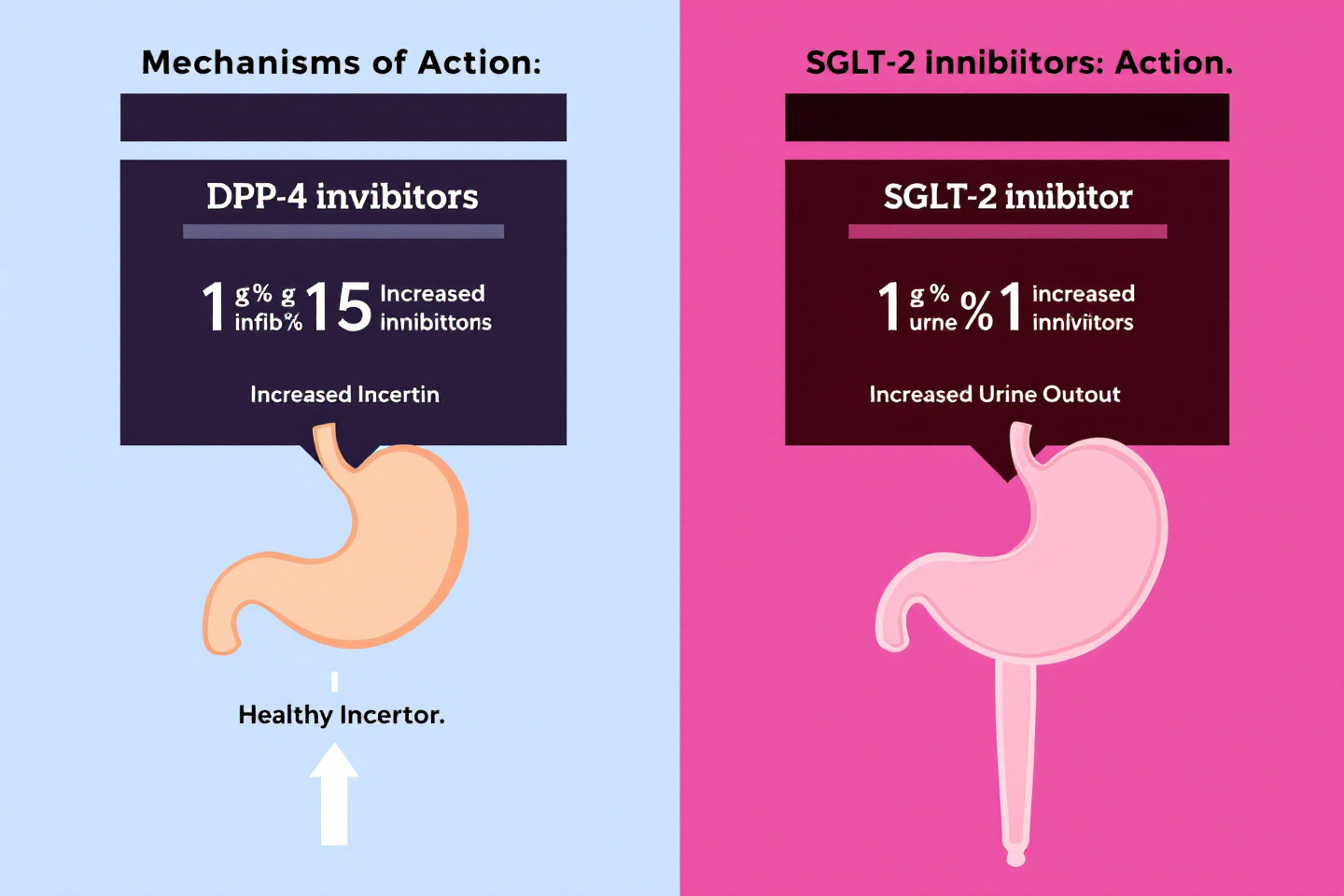 DPP-4 억제제와 SGLT-2 억제제의 작용 기전을 비교한 일러스트: 인크레틴 증가 vs 소변 배출 증가&quot;