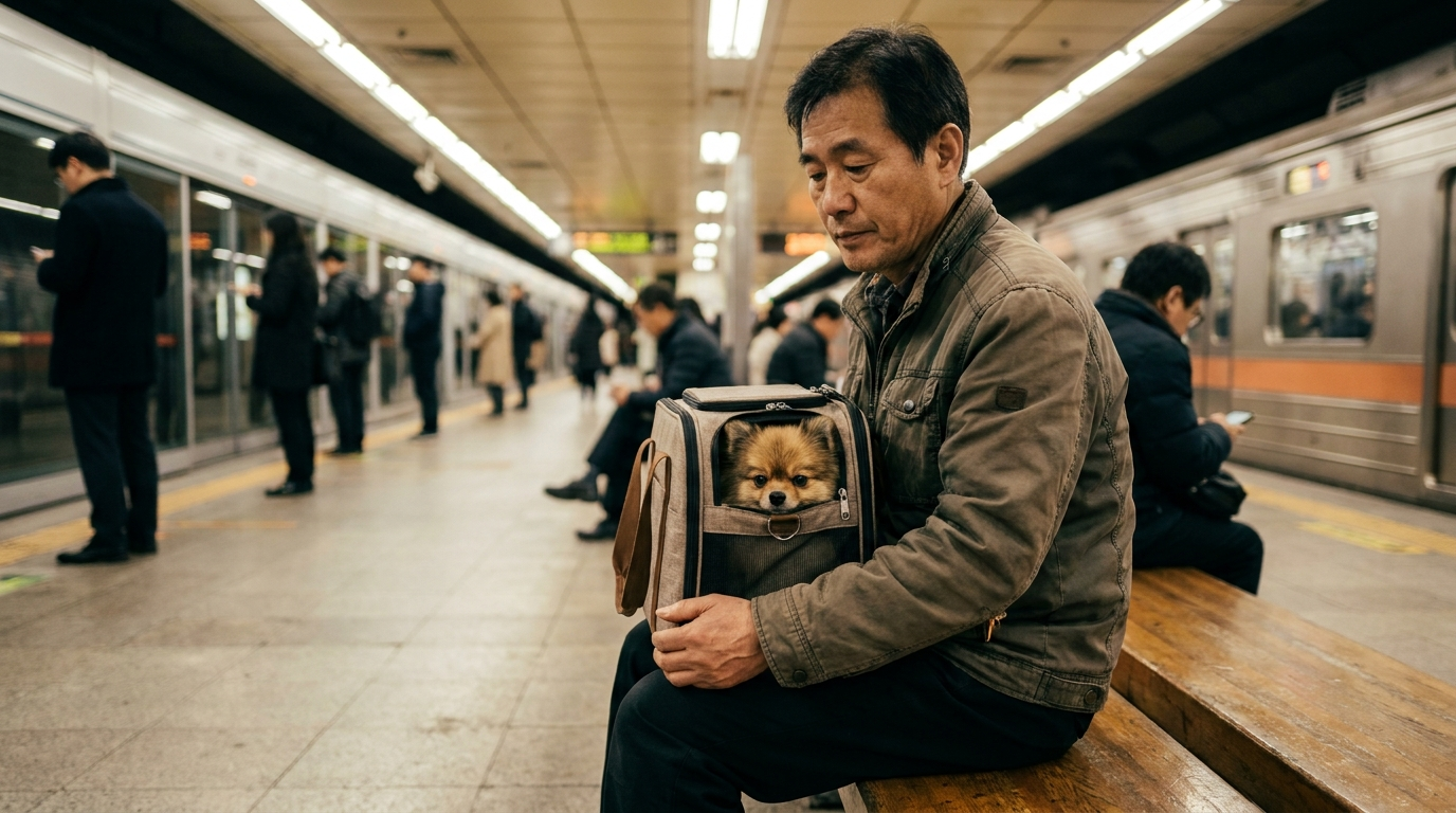 이동장을 안고 대중교통을 기다리는 사람