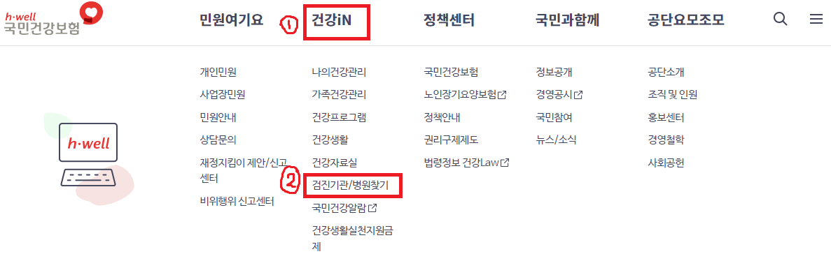 국민건강보험-홈페이지-메인-메뉴-화면