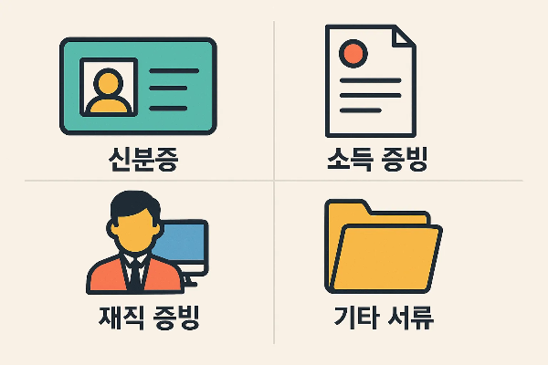 햇살론 보증보험 신청 시 필수 서류, 신분증, 소득 증빙, 재직 증빙, 기타 제출 서류 정리 인포그래픽