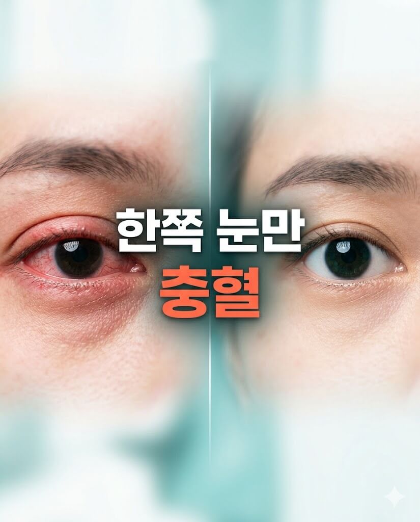 한쪽 눈만 충혈된 눈과 정상 눈을 나란히 비교한 의료 정보 썸네일 이미지