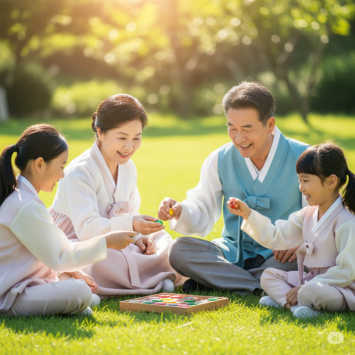 활짝 웃는 할머니, 할아버지가 두 손주와 함께 야외에서 윷놀이와 같은 한국 전통 놀이를 즐겁게 하는 모습