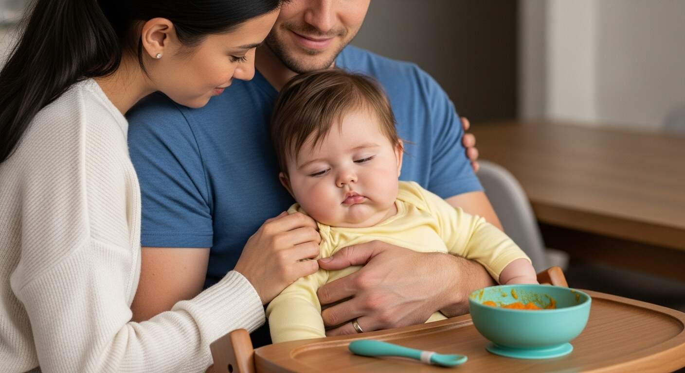 저녁 시간, 하이체어에 앉아 이유식을 먹은 뒤 편안한 표정으로 부모 품에서 포근하게 안겨 있는 아기. 테이블에는 반쯤 비워진 이유식 그릇과 실리콘 스푼이 남아 있고, 배부르게 먹고 나른해진 아기가 점차 잠에 들기 직전의 편안한 분위기가 부드러운 조명 아래 표현된 이미지