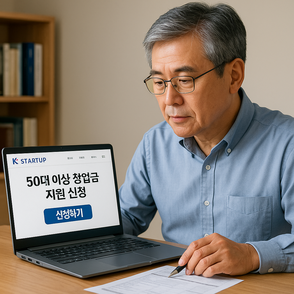 K-Startup 온라인에서 50대 이상 창업 지원금 신청하는 중년 남성