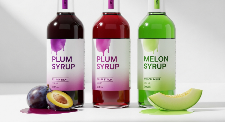 싱싱한 과일로 만든 시럽이 병에 담겨져 있습니다. 여름에 어름에 타서 마시면 더위가 곧 사라질 것 같네요.