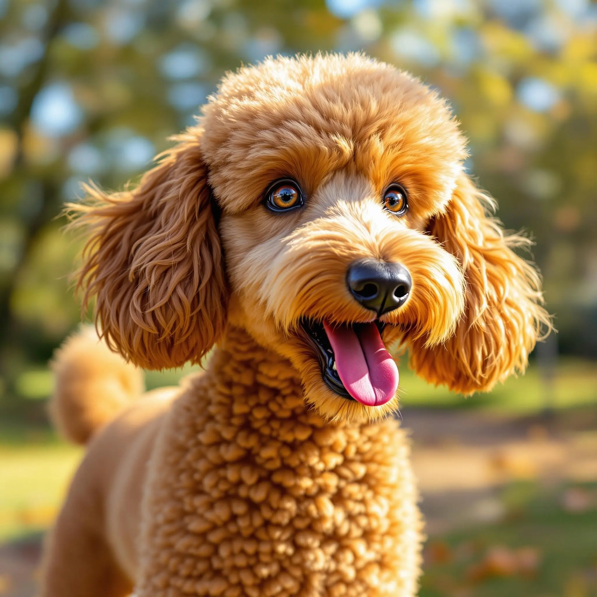 곱슬거리는 털을 가진 귀여운 푸들이 공원에서 신나게 노는 모습