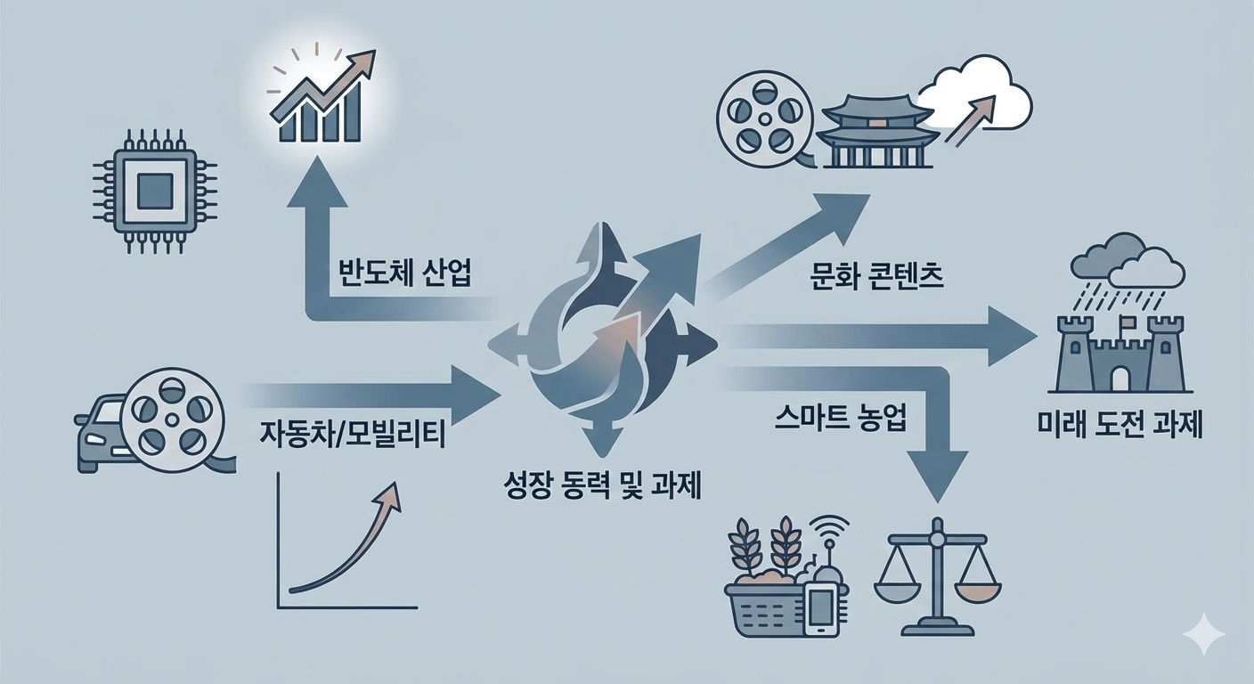 한국 산업별 영향을 시각화한 인포그래픽 스타일 일러스트. 반도체, 자동차, 문화, 농수산 등 각 산업을 대표하는 아이콘들이 성장과 도전을 나타내는 추상적인 그래프와 연결되어 있으며, 파란색과 회색 톤으로 깔끔하게 디자인됨.