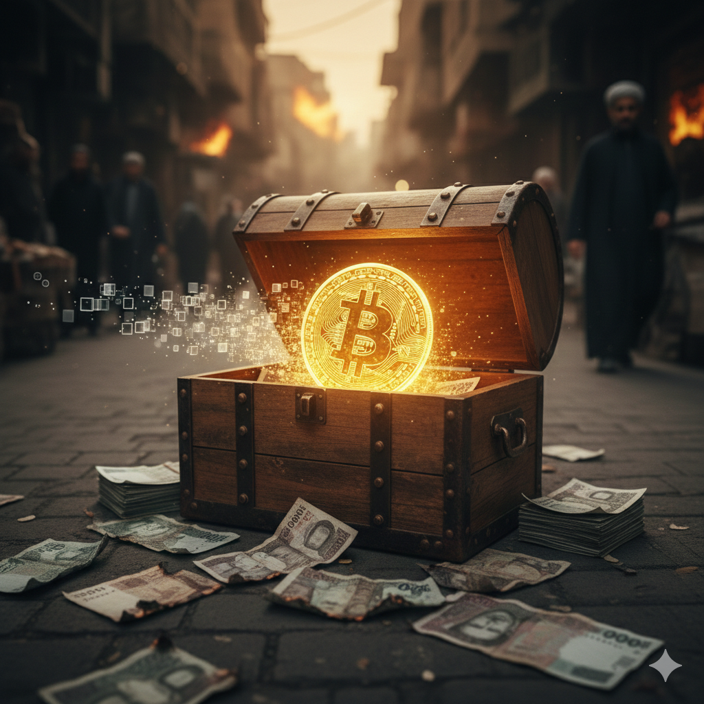황량하고 어두운 중동 스타일의 거리 한복판에 낡은 나무 보물상자가 놓여 있고, 그 안에서 눈부시게 빛나는 대형 비트코인이 솟아오르는 모습이에요. 보물상자 주변에는 가치가 떨어진 이란 리알화 지폐들이 여기저기 흩어져 있으며, 일부는 불에 타거나 훼손되어 있어요. 비트코인 주위로는 디지털 입자들이 신비롭게 흩날리며, 배경에는 히잡을 쓴 사람들과 흐릿한 건물이 배치되어 경제 위기 속에서 비트코인이 유일한 자산의 보루임을 상징적으로 나타내고 있어요.