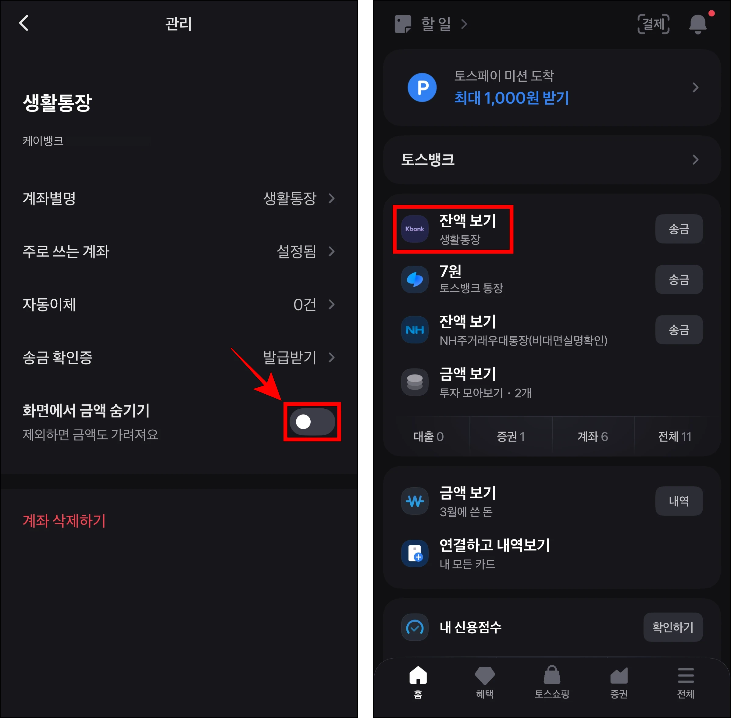 관리 메뉴의 '화면에서 금액 숨기기' 기능을 활성화하고, 잔액 숨기기가 설정된 모습을 확인