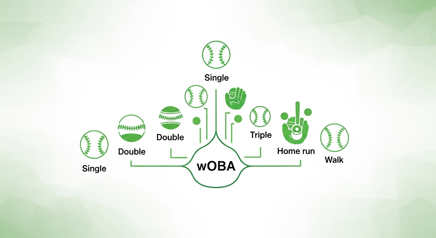 단타, 2루타, 홈런 등 각 타격 결과에 가중치가 부여되어 wOBA 점수를 구성하는 과정을 시각적으로 보여주는 현대적인 인포그래픽.