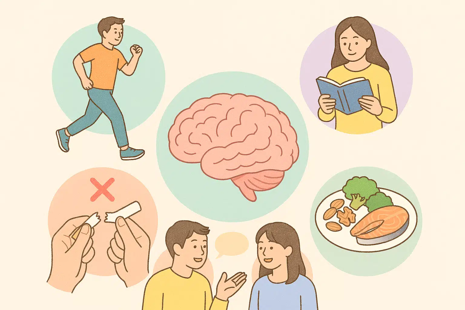 운동하는 사람, 담배를 끊는 손, 책 읽는 사람, 친구들과 대화, 건강한 식단(견과류·생선·채소)