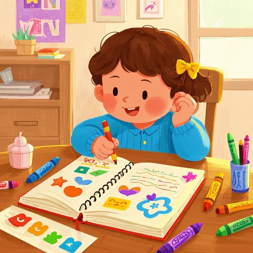 아이가 스티커와 색연필로 직접 꾸미는 즐거운 일기장