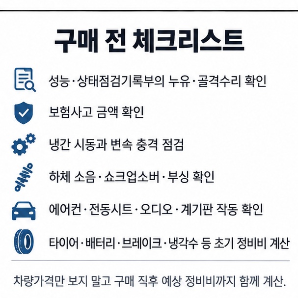 성능점검 보험이력 냉간시동 변속 충격 하체 전자장비 소모품 비용을 확인하는 오피러스 중고차 구매 체크리스트