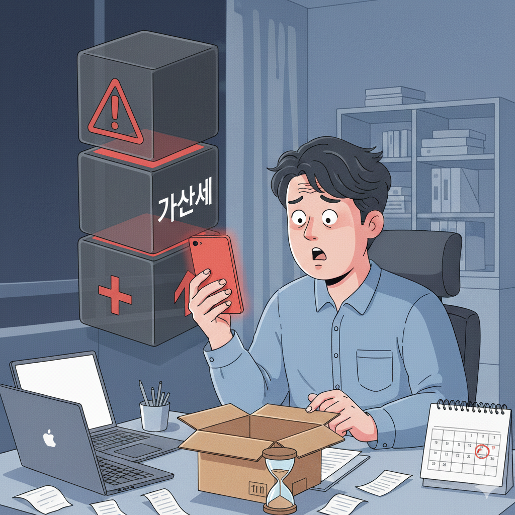 책상 앞에서 당황한 표정으로 스마트폰의 세금 알림을 확인하는 남성 개인사업자의 모습. 주변에는 0원이 적힌 빈 박스와 세금 관련 서류, 홈택스 화면이 띄워진 노트북이 놓여 있어 매출 없는 사업자의 세무 신고 필요성을 상징함.