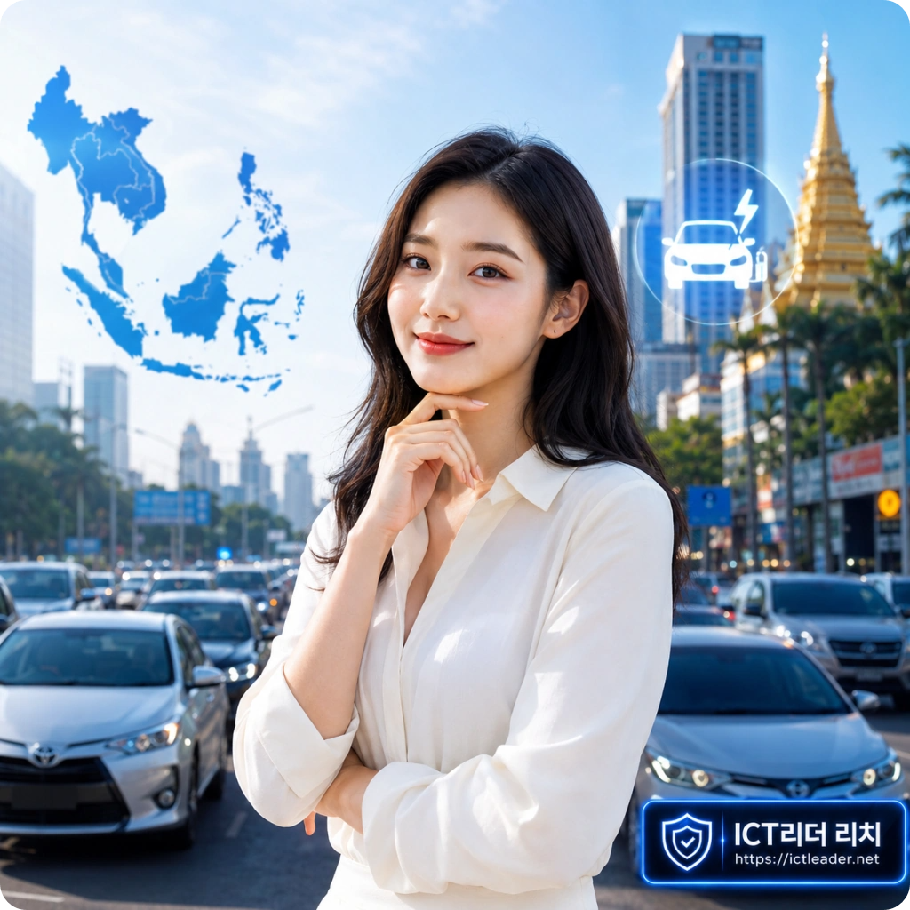 동남아 도심의 자동차 행렬과 전기차 시장을 배경으로 한 한국 여성 자동차 산업 분석가 대표 이미지