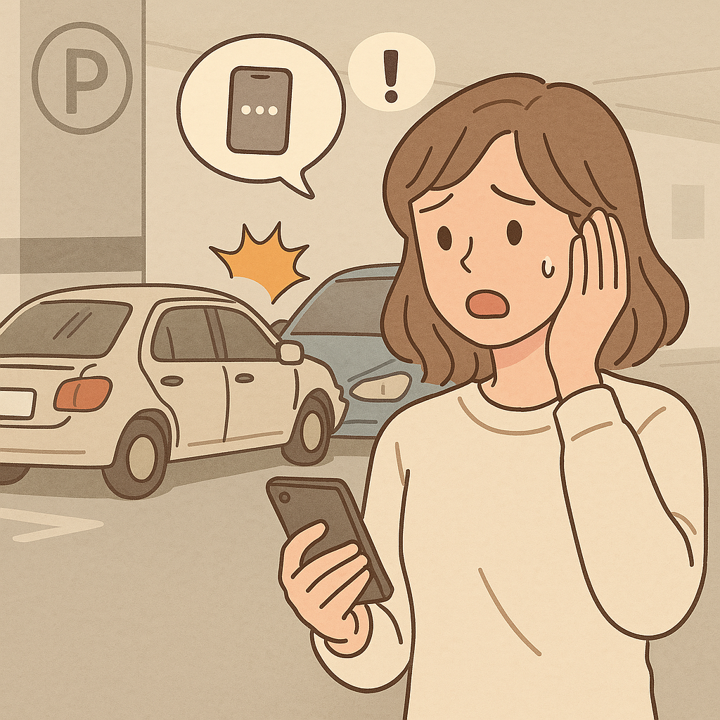 주차장에서 접촉사고가 난 후, 스마트폰으로 보험사에 연락하며 걱정하는 여성의 모습